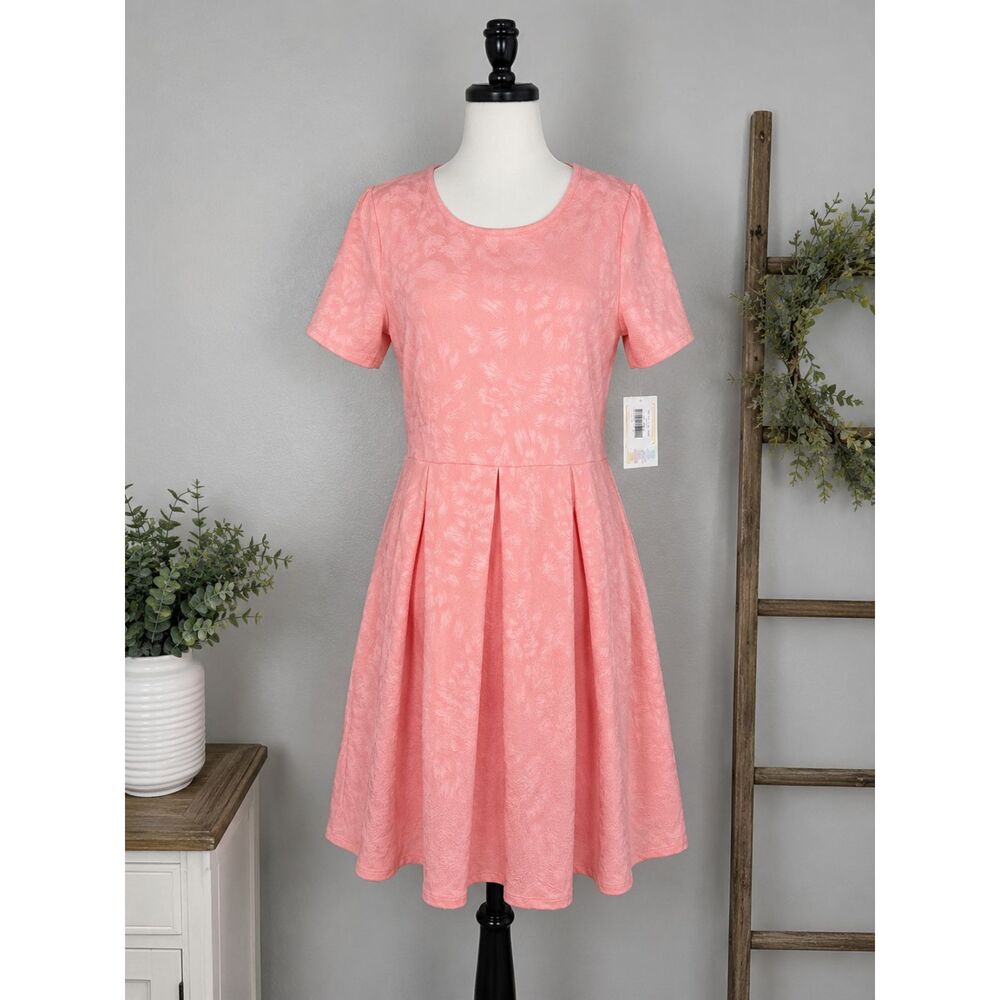 LuLaRoe Amelia Dress 2XL Pink Textured Fit & Flare Midi Pockets NWT Women's